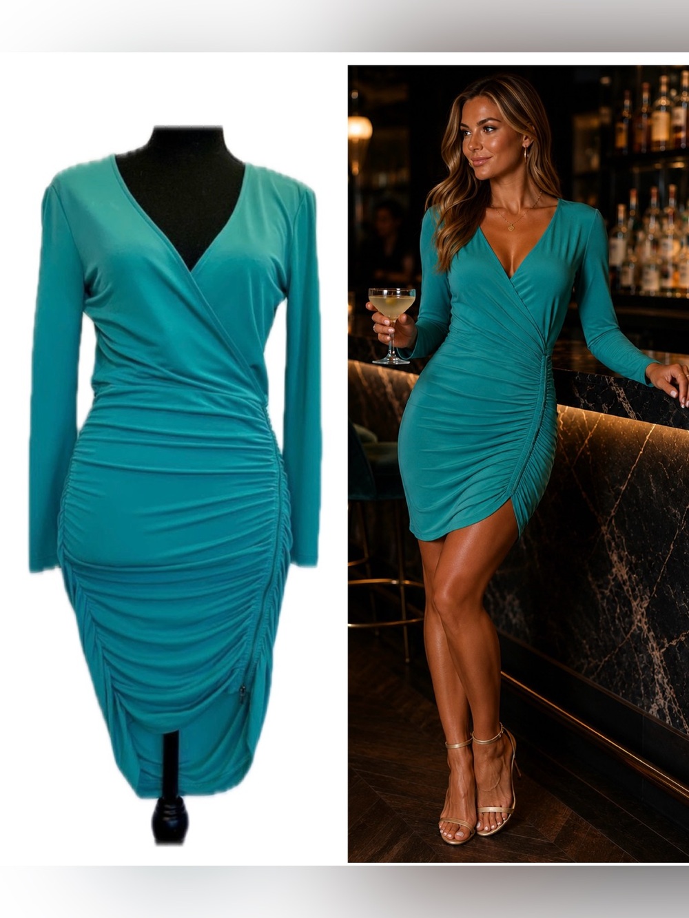 Bcbgmaxazria teal seagreen long sleeve wrap ruched mini dress Sz S